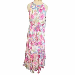 Calvin Klein Maxi Dress Pink Blue Floral Halter Tie Waist Women Size 10